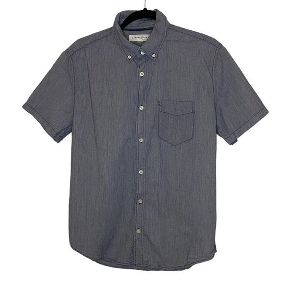 Aeropostale Denim Grey Short Sleeve Button Down Collared Shirt Mens Medium - Picture 1 of 3
